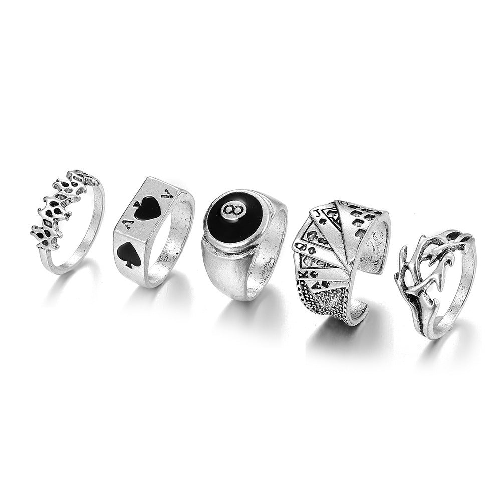 Womens Vintage Inspired Ring Set With Spade Card And Poker Designs Alloy Knuckle Rings Electroplated Jewelry Collection