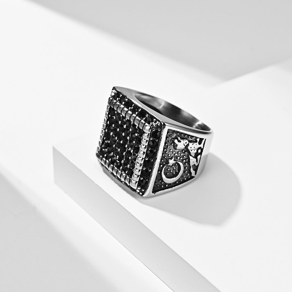 Mens Hip Hop Ring Gold Plated Rhinestone Stainless Steel Geometric Statement Jewelry Unisex Sizes 7 8 9 10 11 12