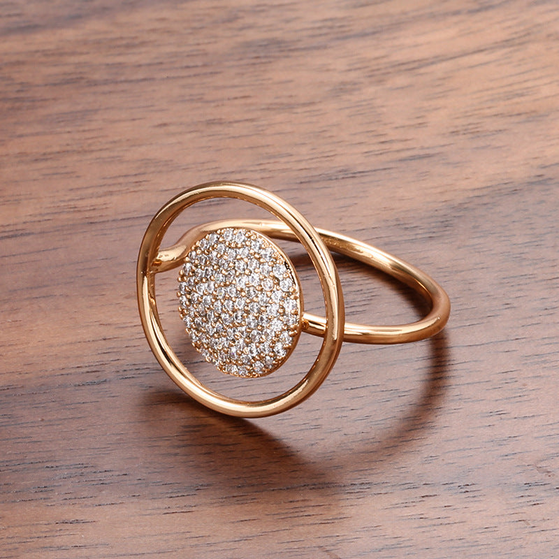 Zircon Fashion Hollow Ring With Full Diamond Inlay Elegant Temperament Jewelry Copper Crafted Geometric Accent
