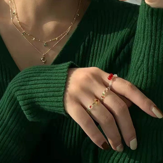 Beaded Ring Set Rice Bead Flower Jewelry Cherry Pearl Flower Design For Women And Girls Fashion Ring Accessory