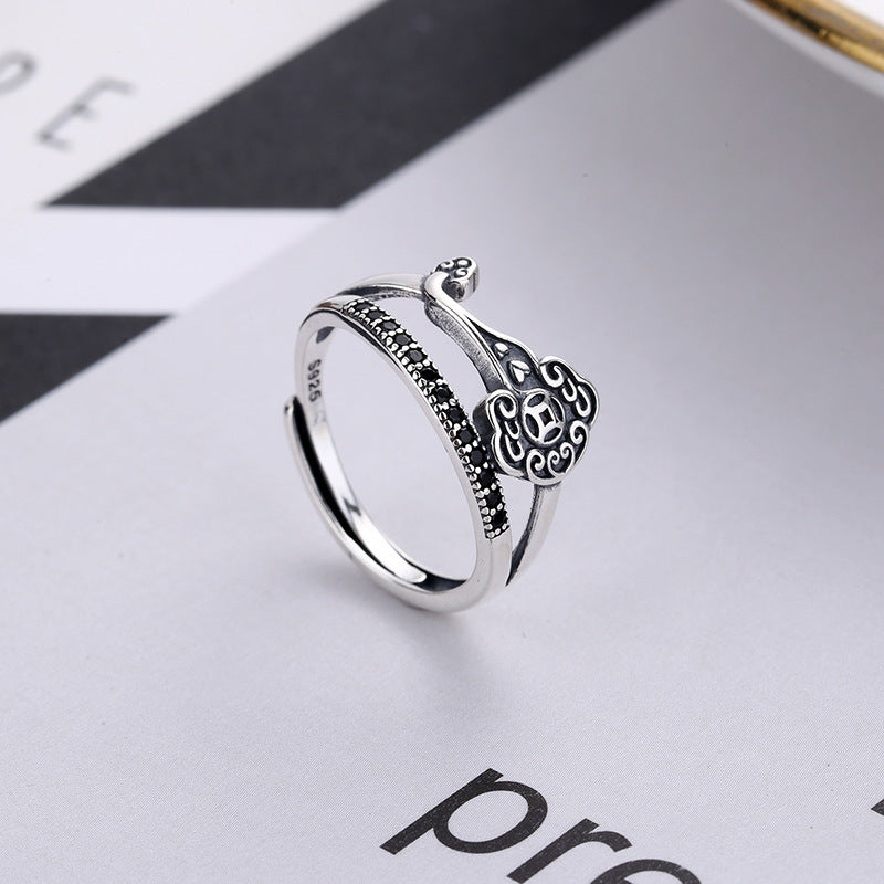 Adjustable 925 Sterling Silver Ring With Gemstone Inlay Vintage Longevity Lock Design For Women 2 4G Timelessly