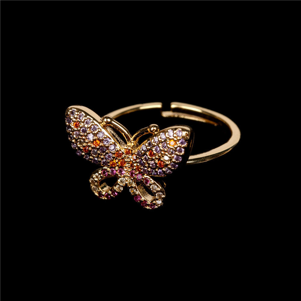 Womens Butterfly Ring With Rhinestones Gold Plated Copper Adjustable Open Band Korean Fashion Jewelry Gift Now