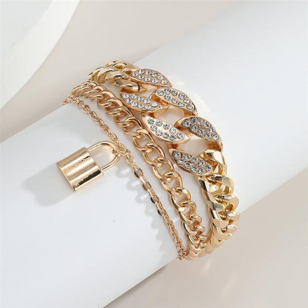 Womens Layered Bracelet With Micro Diamond Lock Pendant Electroplated Alloy Metal Geometric Design Adjustable Extension