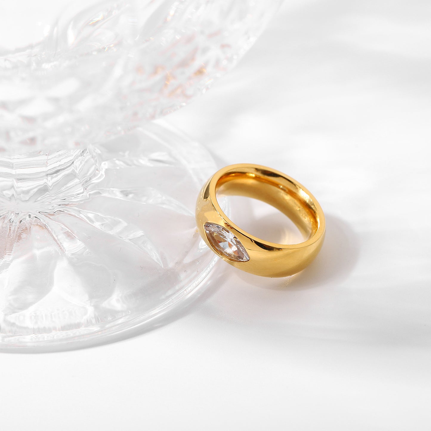 Womens Stainless Steel Ring 18K Gold Electroplated Transparent Rock Sugar Square Diamond Geometric Design Ring