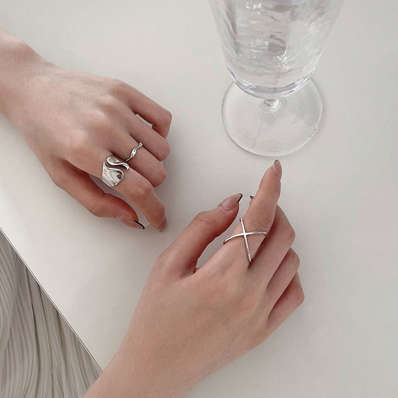 Adjustable 925 Silver Ring Unisex Geometric Wave Twist Cross Design for Everyday Wear Open adjustable size fit