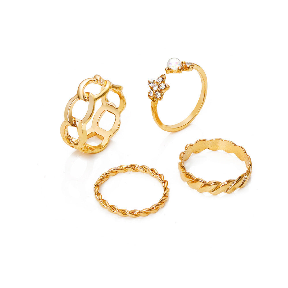 Womens Golden Alloy Ring Set With Rhinestones Heart Shaped Twist Design 4 Piece Jewelry Set Collection Gift For Her