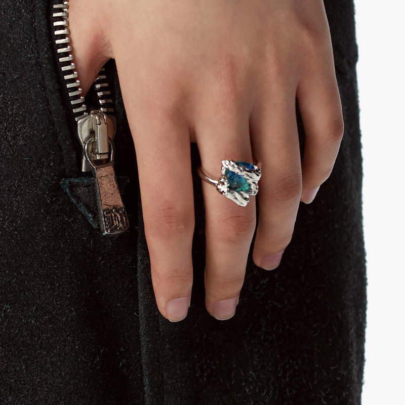 Azure Crystal Geometric Ring Adjustable Gold Plated Alloy Artificial Gemstone Jewelry Fashion Statement Sparkle