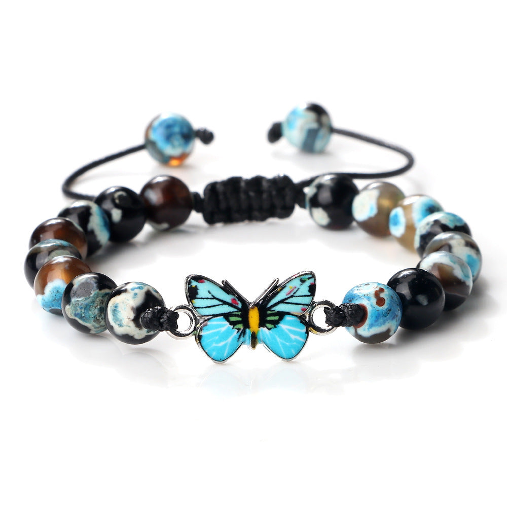 Woven Butterfly Bracelet Adjustable Handmade Tiger Eye Volcanic Rock Agate White Porcelain Bead Jewelry Gift For Women