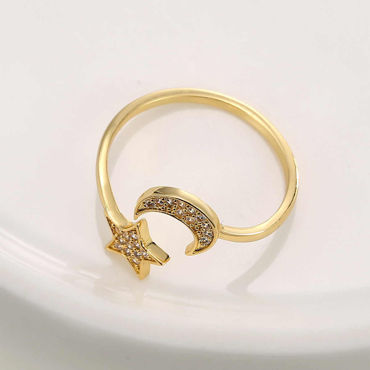 Gold Zircon Ring For Women Adjustable Copper Moon And Star Design Elegant Jewelry Open Ring Band Everyday Wear