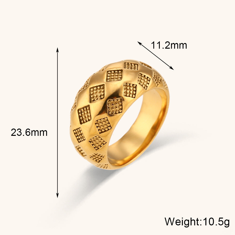 Womens Stainless Steel Ring Electroplated Golden Lattice Design Thin or Thick Band Geometric European American Jewelry Gift for Her Sizes 6 7 and 8