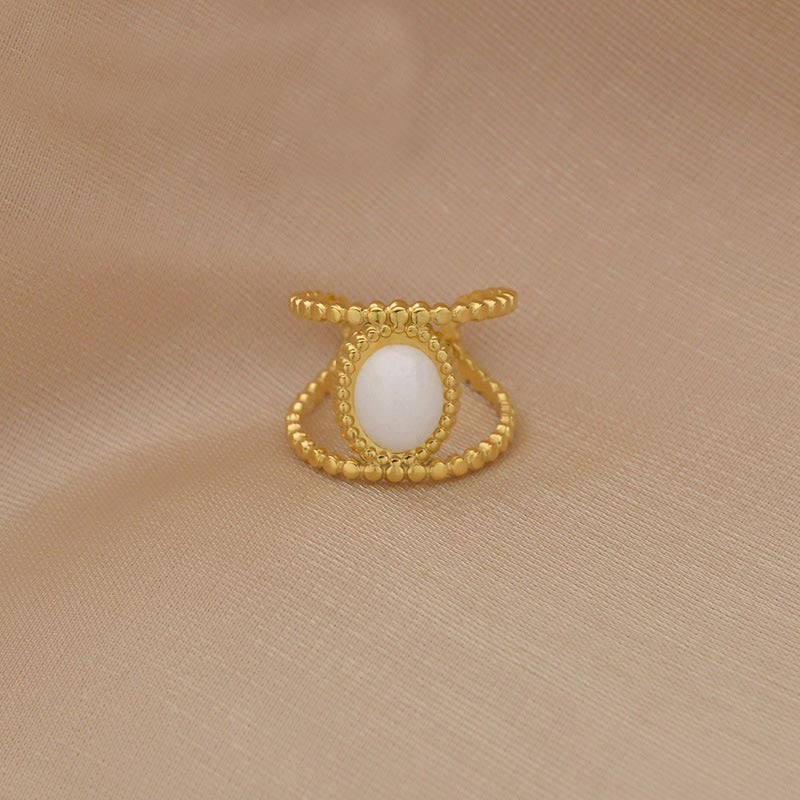 Womens White Jade Ring Geometric Design Stainless Steel Gold Tone Statement Jewelry Fashion Accessory Durable Elegant
