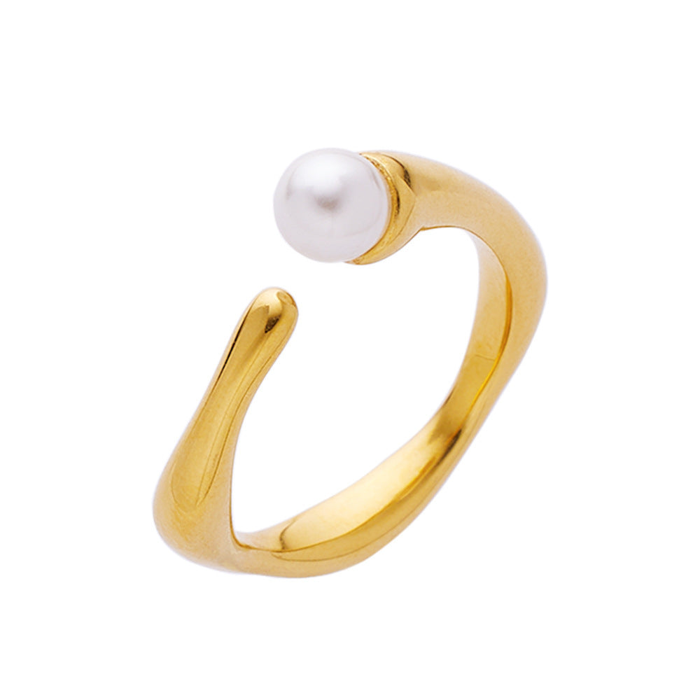 Geometric Freshwater Pearl Ring in Gold Tone Titanium Steel for Women Hypoallergenic Elegant Fashion Accessory