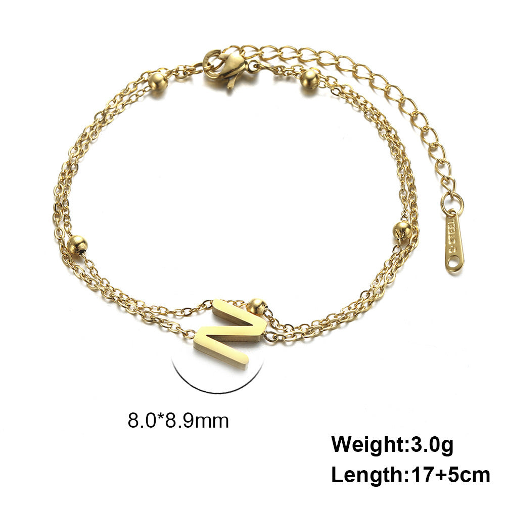 Womens Stainless Steel Double Layer Chain Bracelet With Initial Pendant Electroplated Finish Jewelry Gift Gold