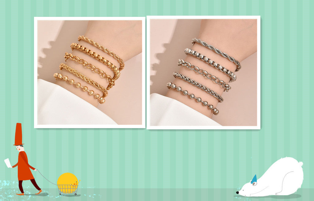 Unisex Box Chain Bracelet Bundle Fashion Simple Hip Hop Punk Iron Beaded Chain Bracelets Packaged Golden White