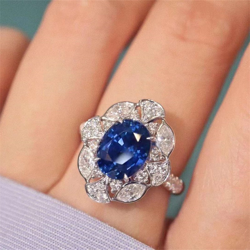 Womens Sapphire Full Diamond Open Ring Copper Adjustable Opening Geometric Style Dark Blue High Quality Design