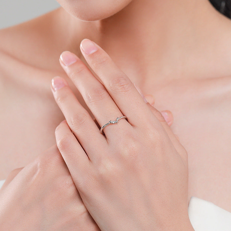 Womens Sterling Silver Ring With Sweet Star Design Geometrical Shape Gold Plated Inlaid Gemstones S925 US5 US6