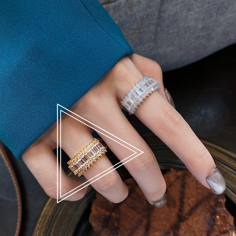 Womens Zircon Inlay Ring Silver Plated Adjustable Opening Retro Geometric Style Jewelry Elegant Classic Finish