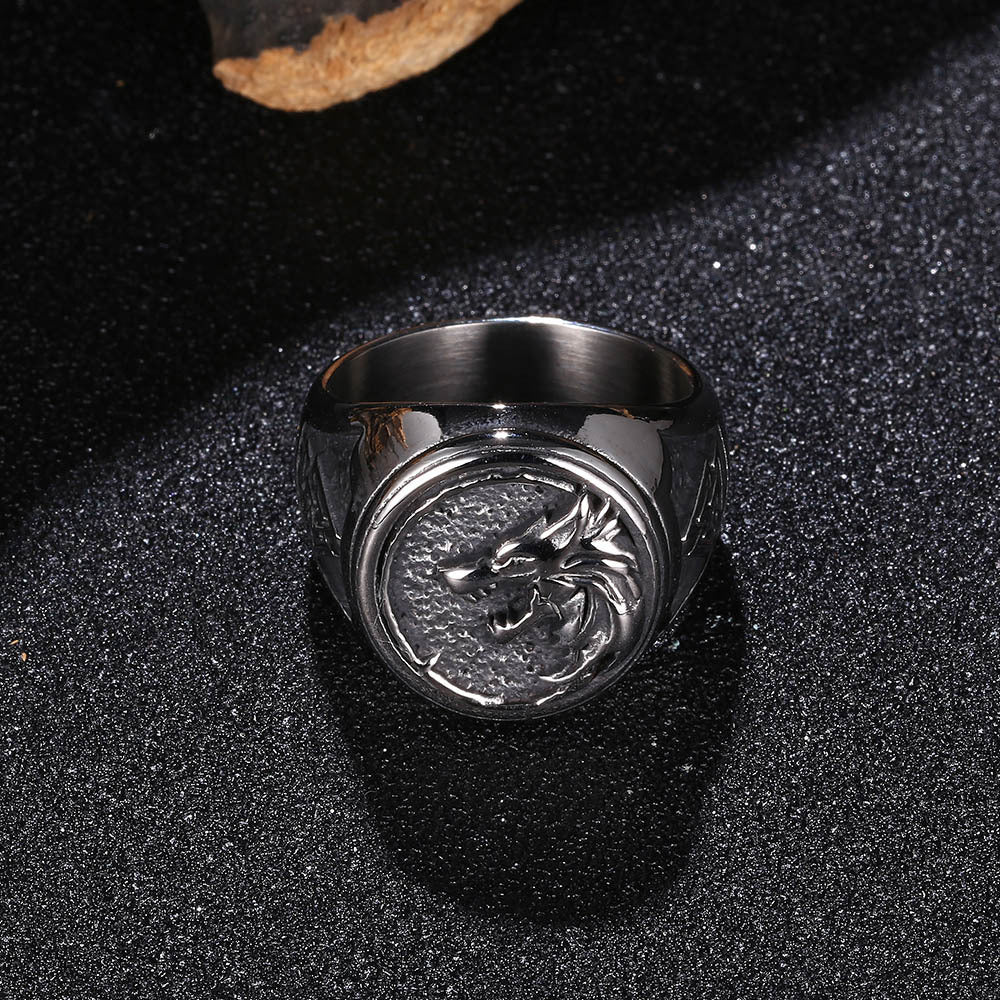 Mens Vintage Wolf Totem Ring Titanium Steel Wide Band Animal Head Fashion Jewelry Durable Statement Ring Style