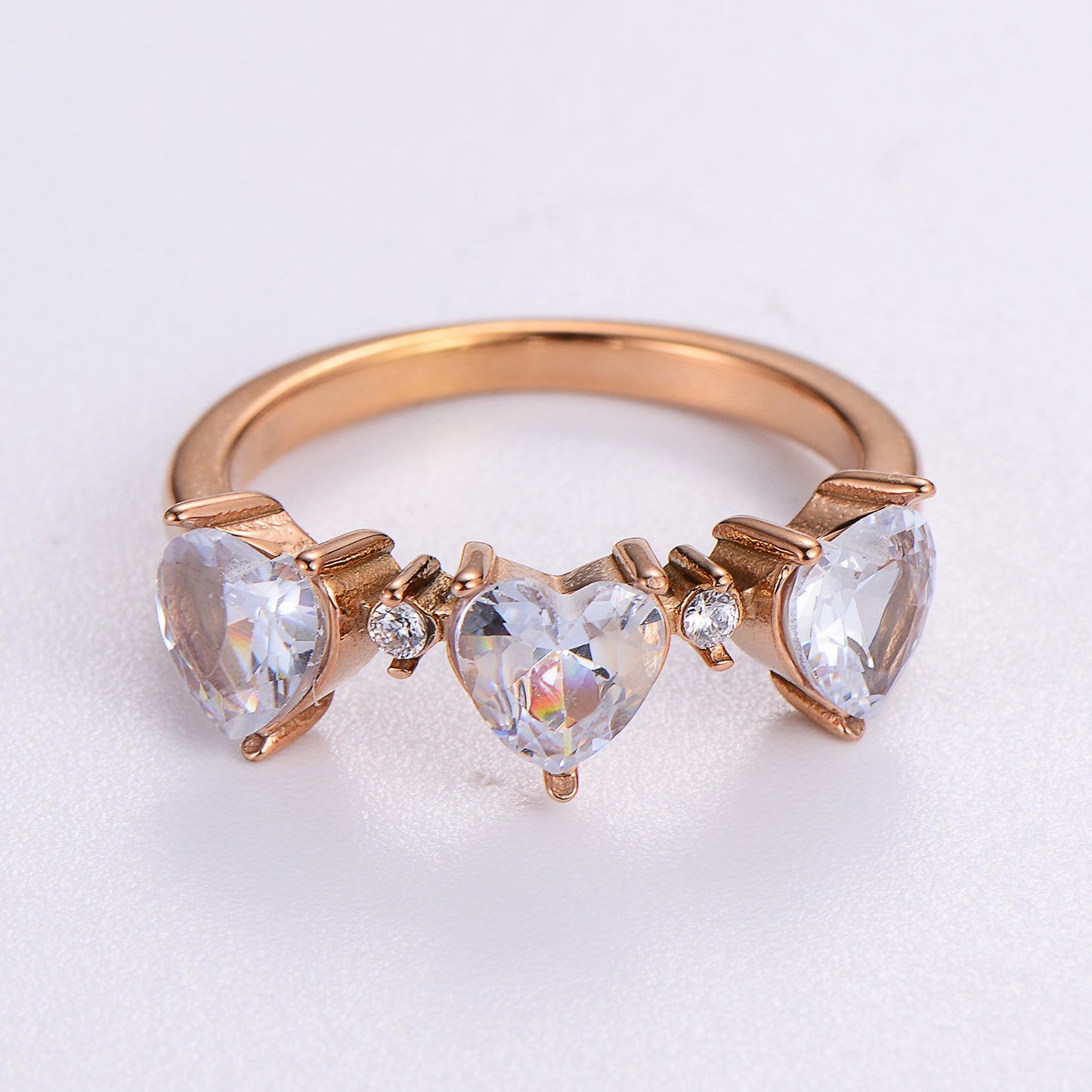Womens Stainless Steel Heart Ring with Zircon Stone Electroplated Gold or Rose Gold Finish Heart Shape Ring for Her