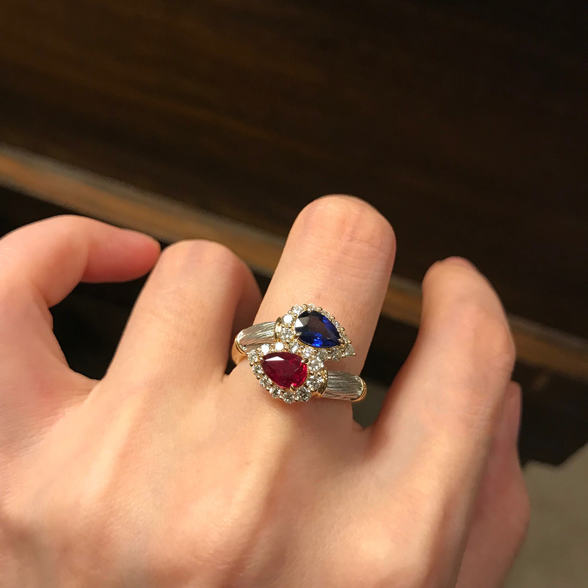 Womens Two Tone Ring Adjustable Opening Diamond Accent Copper Drop Shaped Ring For Women Fashion Jewelry Style