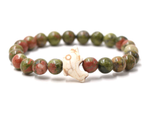 Beaded Bracelet Polished Glass Fashion Jewelry with 8mm Beads and 19cm Chain Black Weathered Agate and Amazon Stone