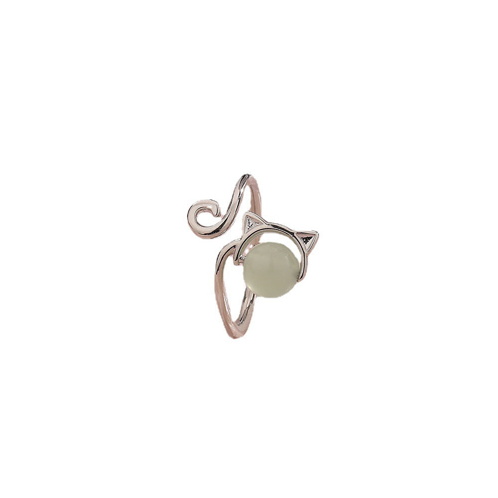 Adjustable Opening Copper Cat Ear Ring With Artificial Jade Accent Electroplated For Women Fashion Jewelry Collection