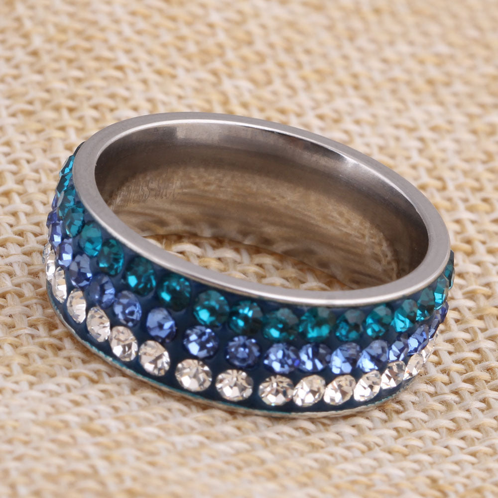 Womens Three Row Diamond Ring In Stainless Steel Titanium With Rhinestones Geometric Stripe Daily Wear Jewelry