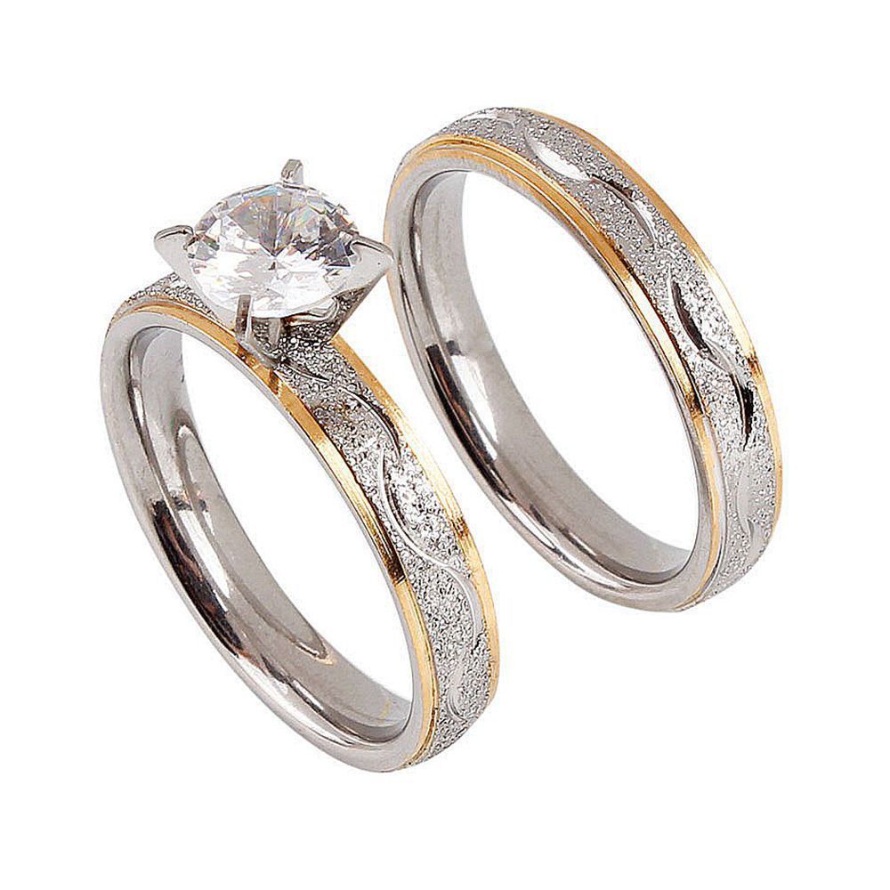 Two Tone Brushed Stainless Steel Rings With Gold Plated Accent Sandblasted Metal Rings For Couples Luxury Line