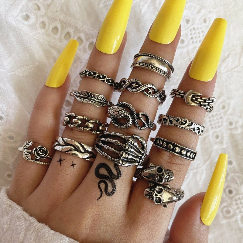 Womens Retro Alloy Animal Zodiac Ring Set Snake Leaf Vintage Knuckle Rings Electroplated Finish Jewelry Gift Idea