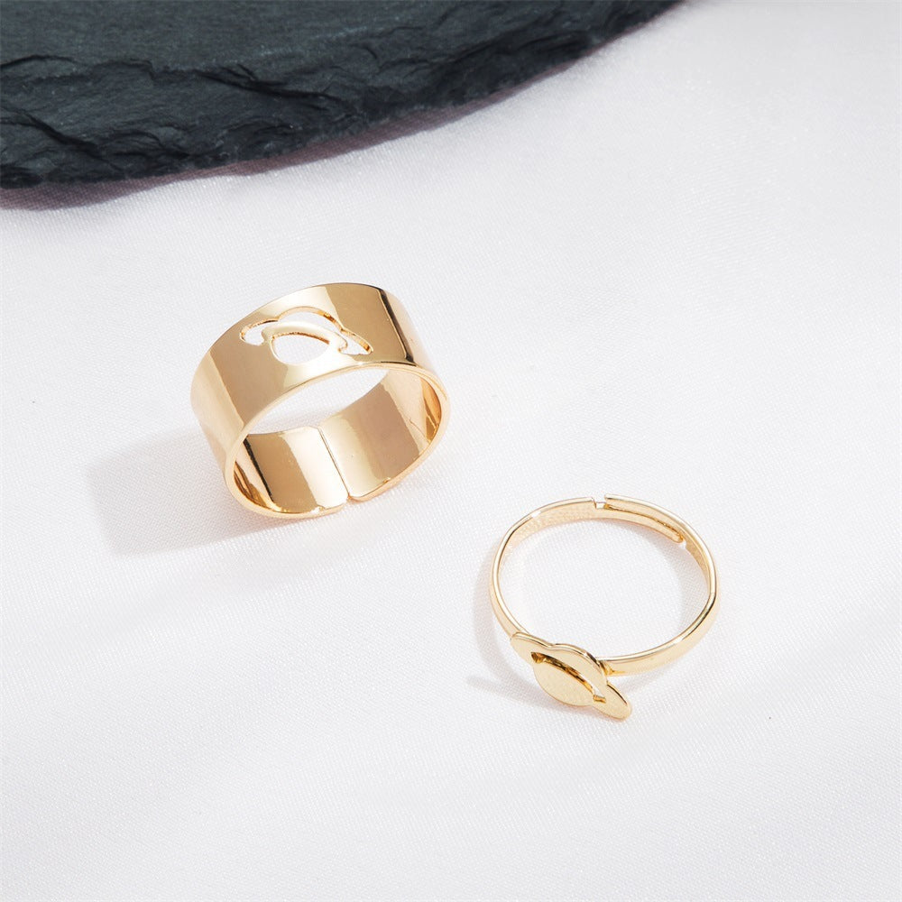 Adjustable Opening Alloy Ring Set Creative Design Punk Style Korean Rings Unique Spaceship Two Pieces Jewelry Collection