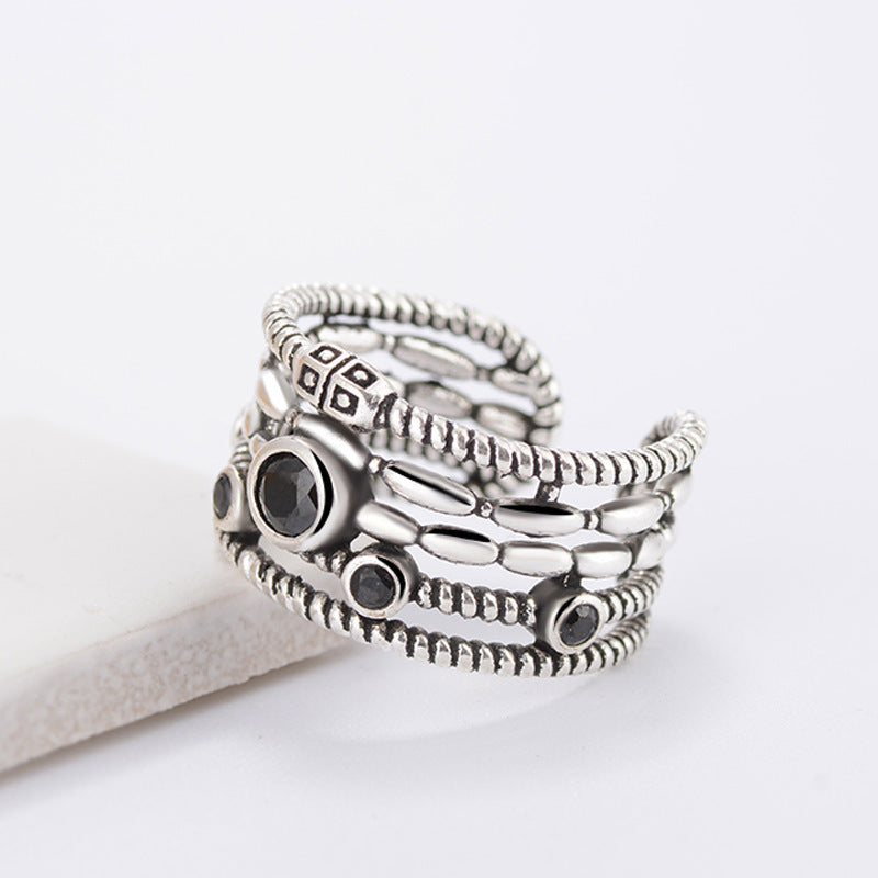 Unisex Adjustable Copper Ring With Gem Inlay And Hemp Rope Twist Geometric Multilayer Thai Silver Finish Gloss