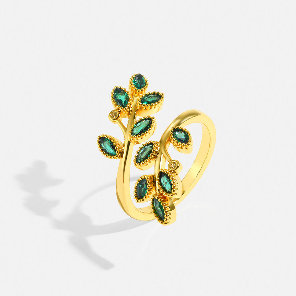 Zircon Leaf Cross Ring For Women Adjustable Switchable Index Finger Gold Plated Ornament With Elegant Sparkles