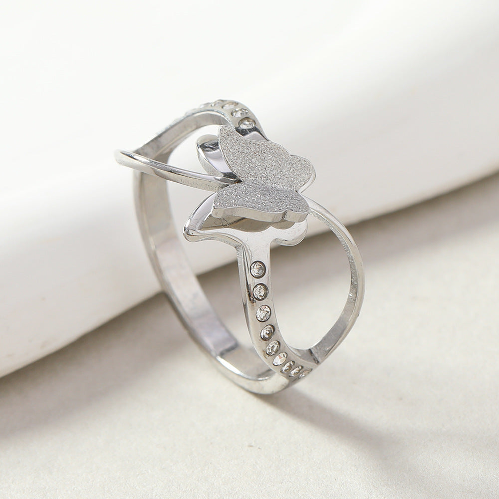 Womens Stainless Steel Double Layer Frosted Cross Ring Diamond Butterfly Geometric Design for Everyday Wear US