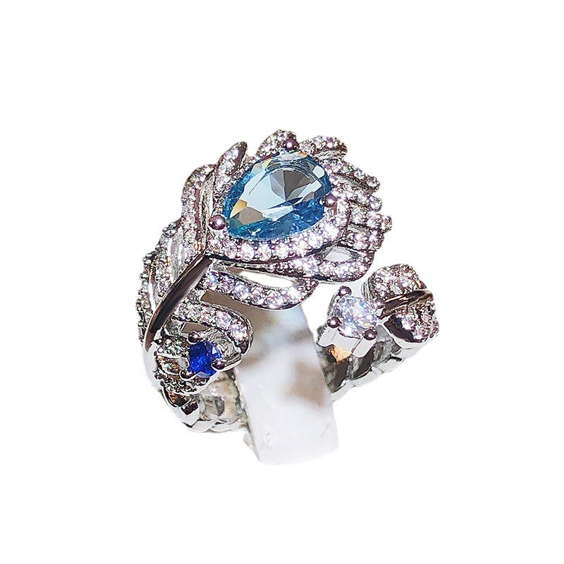 Womens Blue Zircon Feather Ring Adjustable Electroplated Brass White Steel Finish Chic Elegant Fashion Jewelry