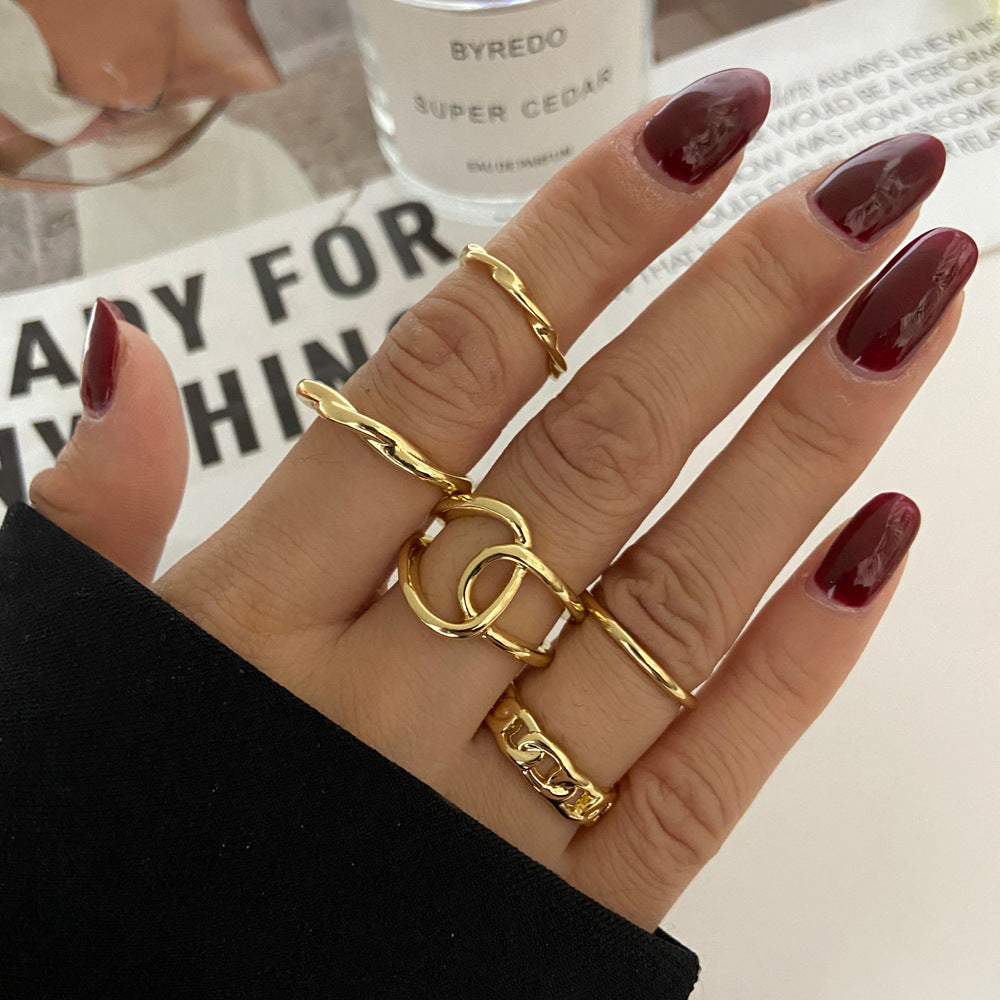 Alloy Chain Ring Sets Geometric Design Rings European And American Retro Style Electroplated Metallic Tail Ring