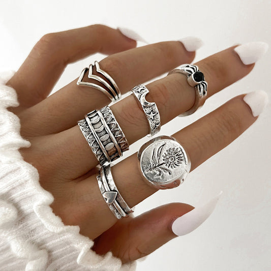 Womens Vintage Ring Set Piece Retro Rings Collection With Personality Love Design Sunflower Carved Alloy Rings