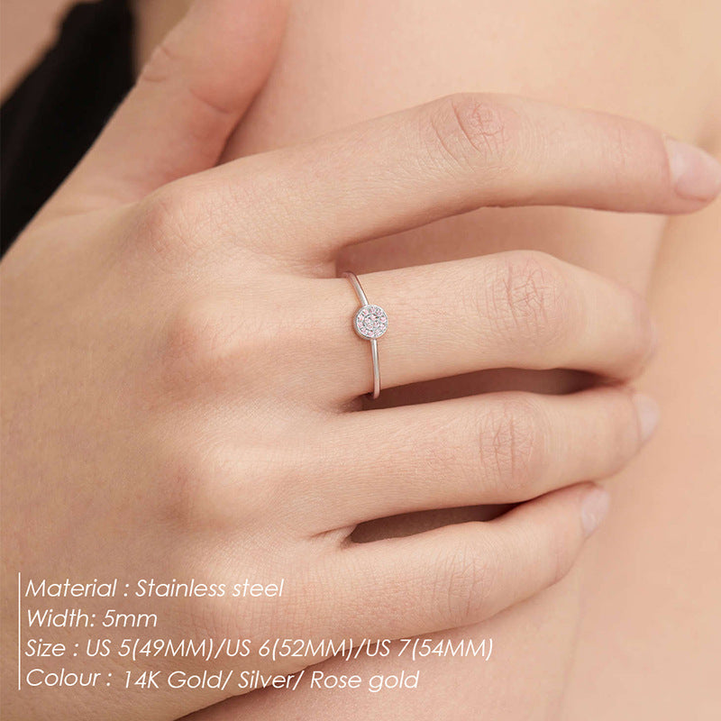 Womens Stainless Steel Ring Inlaid Rhinestones Simple Geometric Design Round Zircon Gemstone Ring Zircon