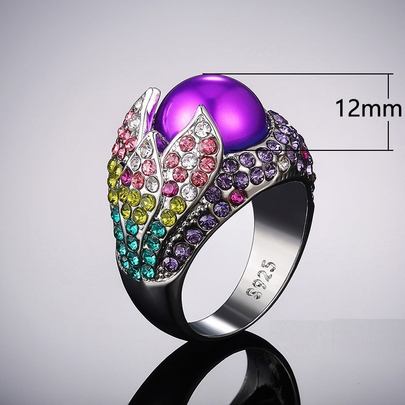 Women Crystal Inlaid Petal Ring In Alloy Band Retro Dazzling Statement Jewelry For Fashion Elegant Style Items