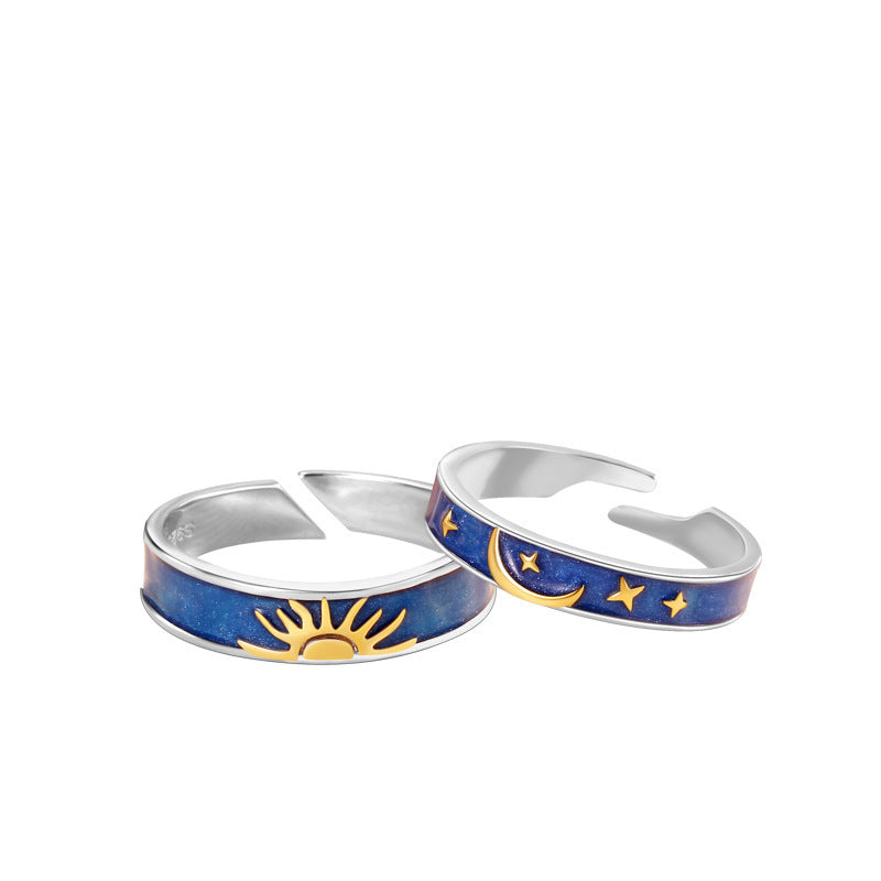 Adjustable Silver Star Rings Sun Moon Matching Jewelry For Couples Korean Celestial Style For Eternal Bond Set