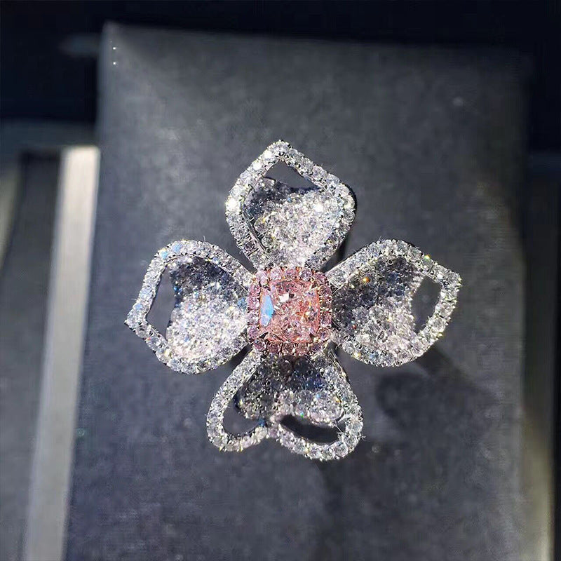 Four Leaf Clover Flower Full Diamond Ring Gold Plated Adjustable Opening Fashion Jewelry Statement Ring For Women