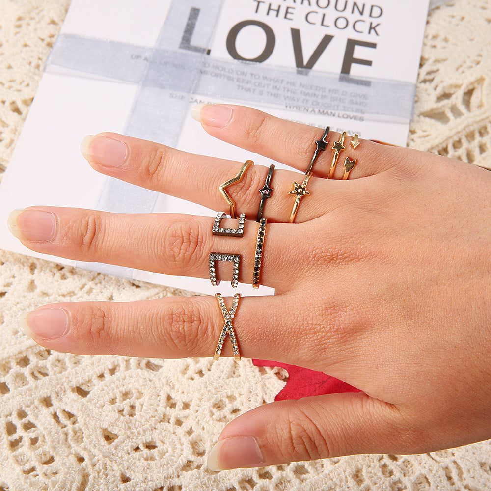 Wave Ring Set Five Pointed Star Design Alloy Stacking Rings Gem Inlays Geometric Electroplated Jewelry Set Gems