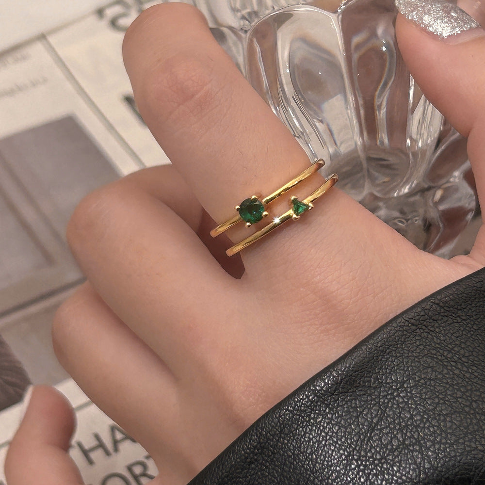 Womens Green Diamond Studded Adjustable Open Ring Copper Electroplated Geometric Jewelry Gift For Her Classics