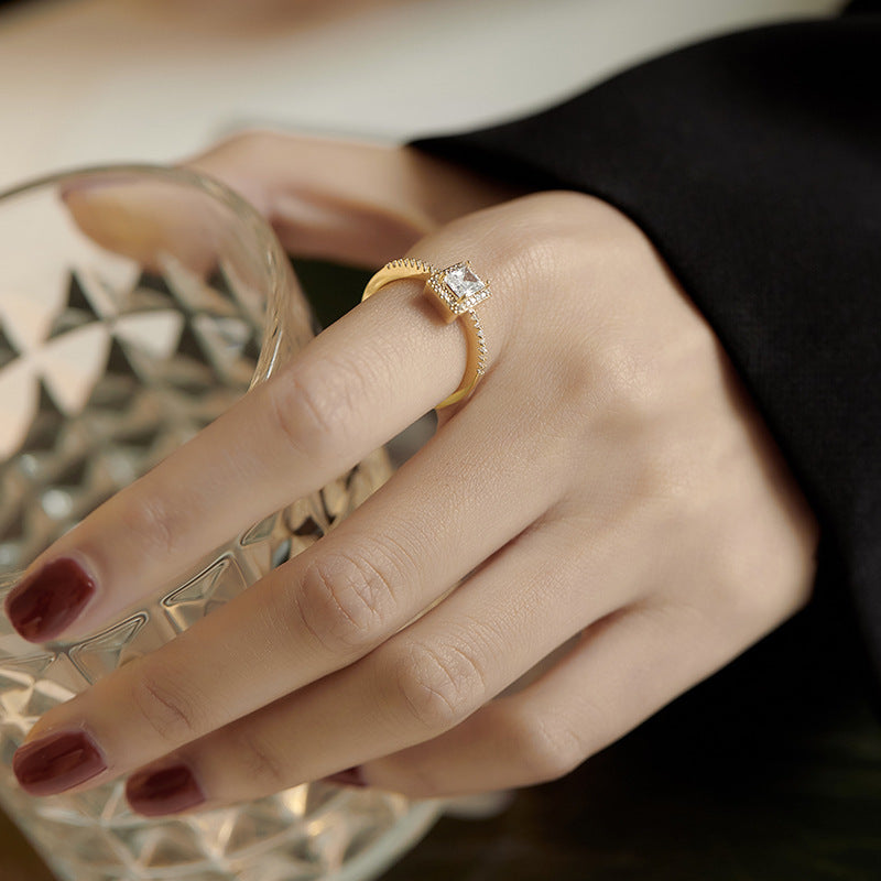 Womens Geometric Copper Ring Adjustable Opening With Inlaid Gems Semi Precious Stone YellowGold For Festivals