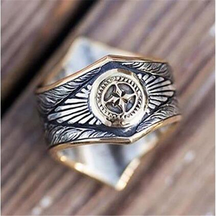 Mens Vintage Two Tone Ring With Geometric Pattern Alloy Electroplated Fashion Jewelry Accessory Durable Sturdy