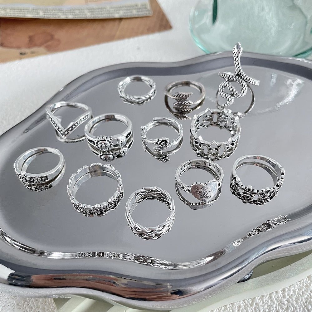 12 Piece Vintage Alloy Ring Set With Star Moon Sun Face Designs Electroplated Fashion Jewelry Collection Style