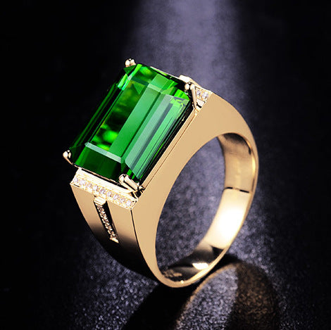 Yellow Gold Inlaid Emerald Baguette Mens Ring Copper Inlay Gold Plated Semi Precious Stones Adjustable Size XL