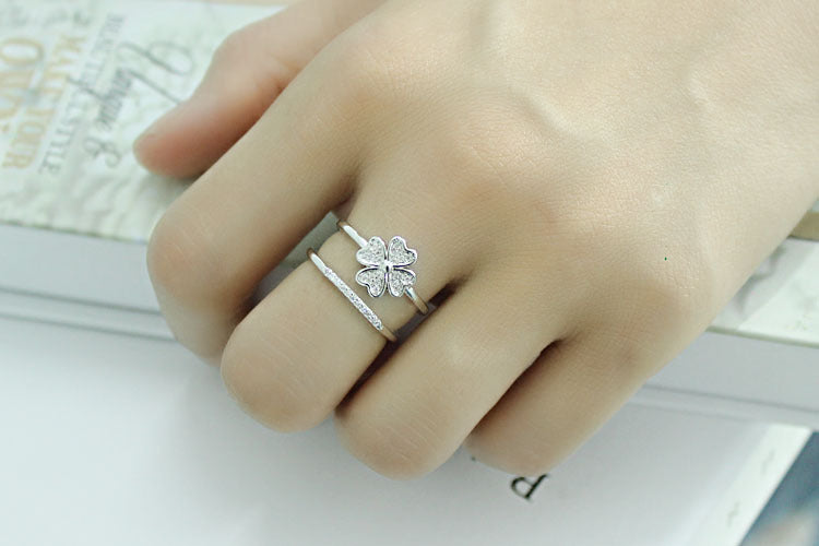 Adjustable Four Leaf Flower Diamond Ring With Inlaid Gemstone Silver Copper White Gold Plated Jewelry Gemstone