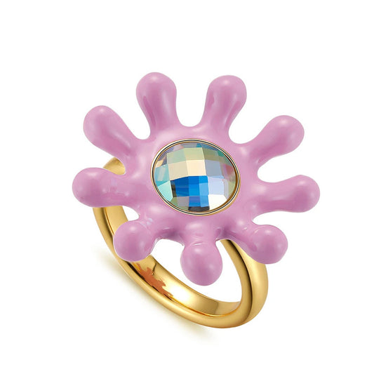 Zircon Purple Flower Ring Gold Tone Cocktail Jewelry Bohemian Vintage Fashion For Women Girls Dainty Accessory