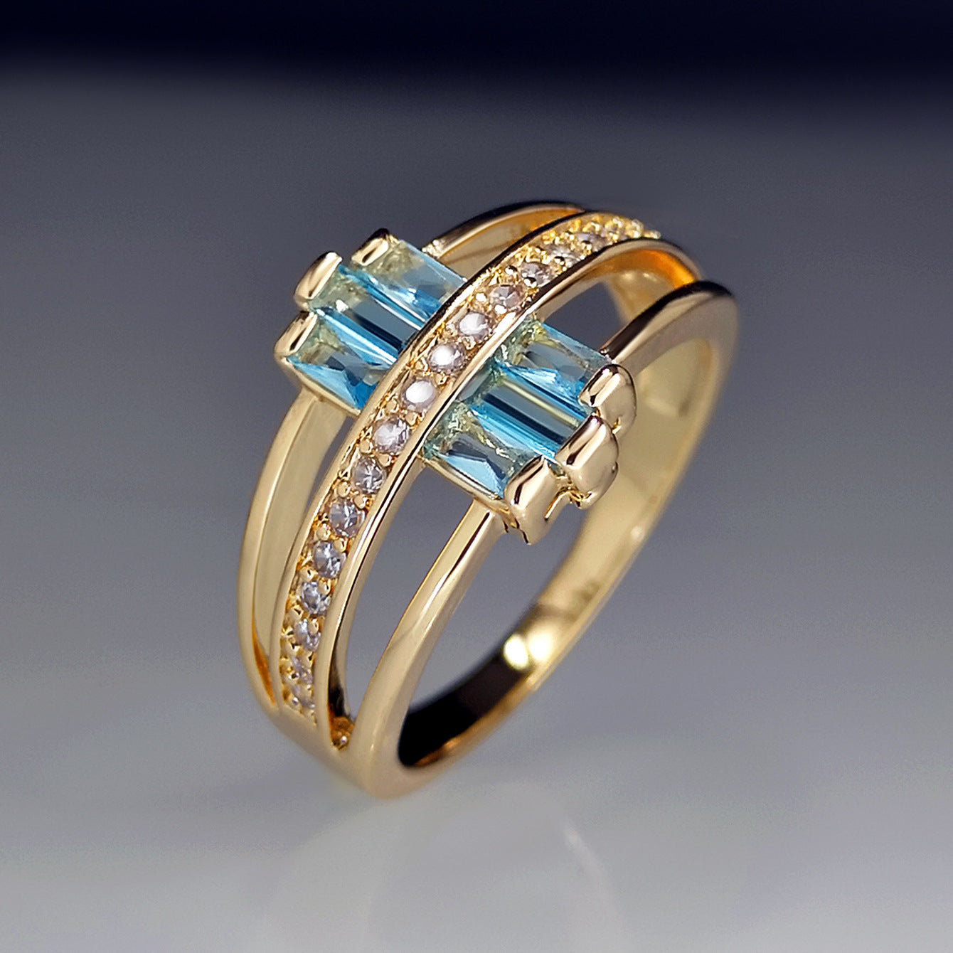 Zircon Sea Blue Topaz Ring Copper Gold Tone Geometric Inlaid Jewelry For Her Elegant Durable Accessory Jewelry