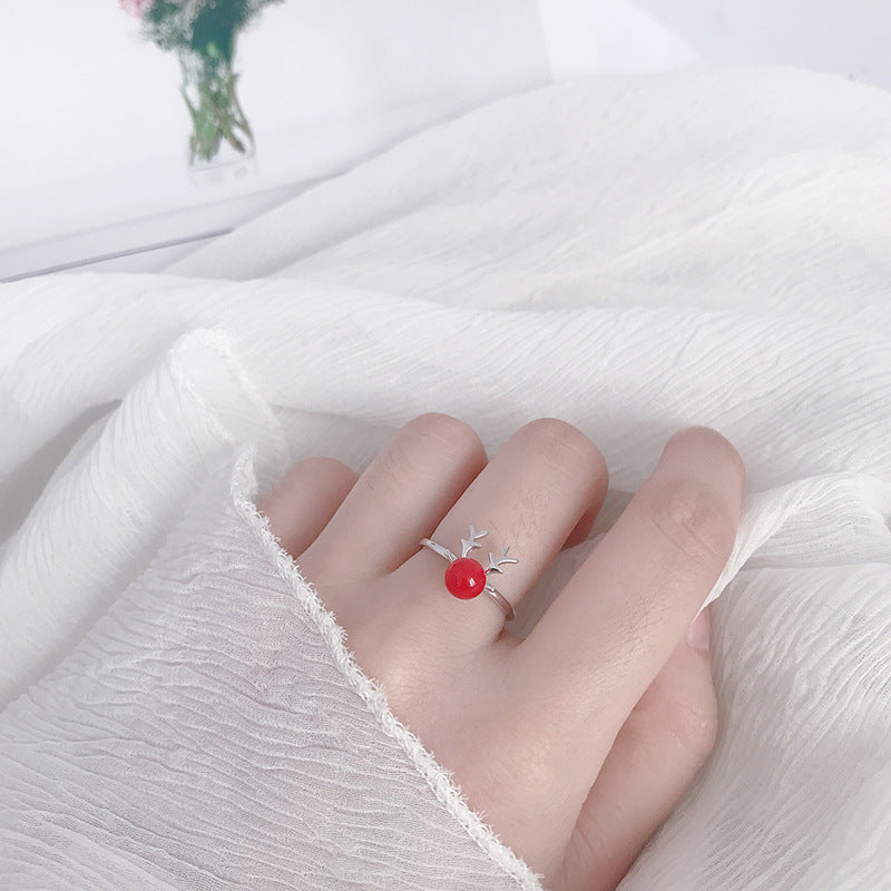 Womens Sterling Silver Ring With Red Pearl Elk Zodiac Christmas Ring Holiday Jewelry Gift For Her Classic Look